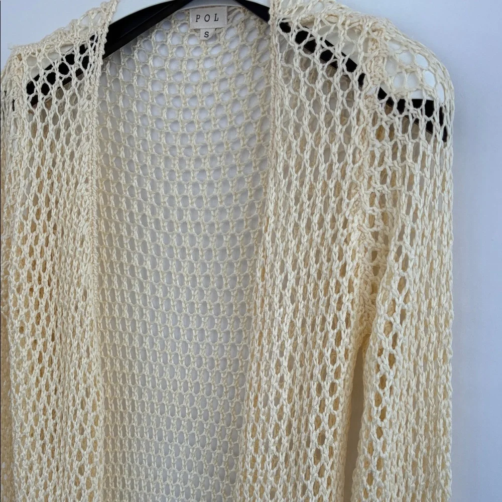 POL Women’s Cream Crochet Knitwear Boho Bohemian Open Front Cardigan Size Small